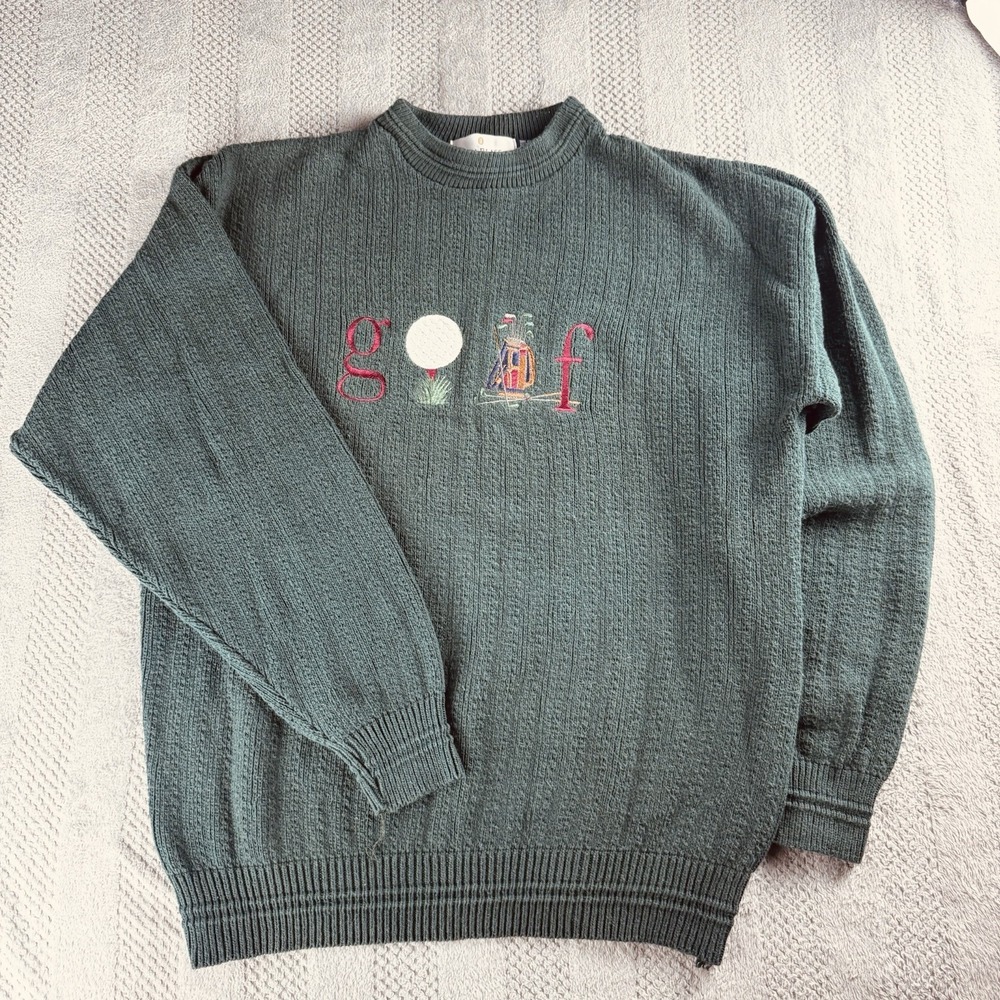 Vintage 90s - Bill Blass Size XL - Green Golf Embroidered - 100% Cotton Sweater
